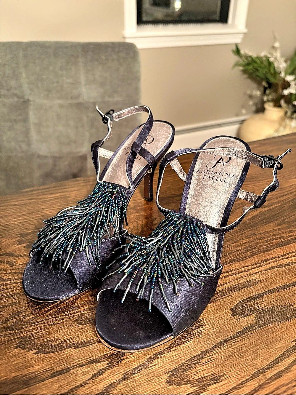 Adrianna Papell Beaded Ankle Strap Heels in Black, Blue - 6